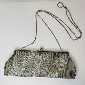 Valerie Stevens Silver Gray Beaded Evening Clutch Handbag Shoulder Purse